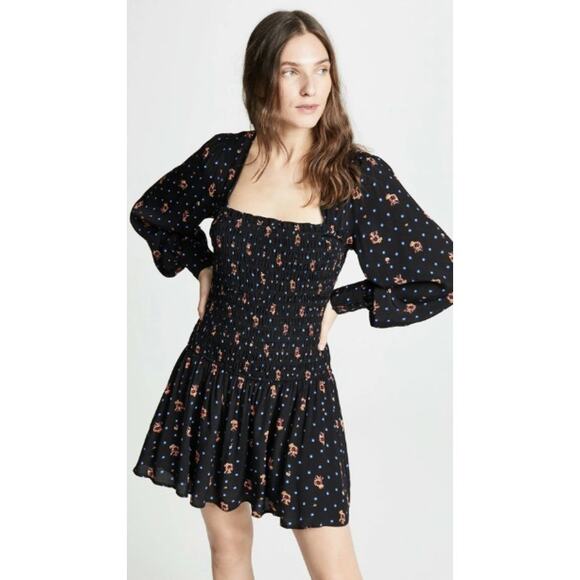 Free‎ People Two Faces Smocked Printed Mini Dress Black Combo Size Large - Picture 2 of 12